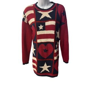 Marsh Landing Knit Sweater Top American‎ Flag Star Heart Patriotic Red Small VTG